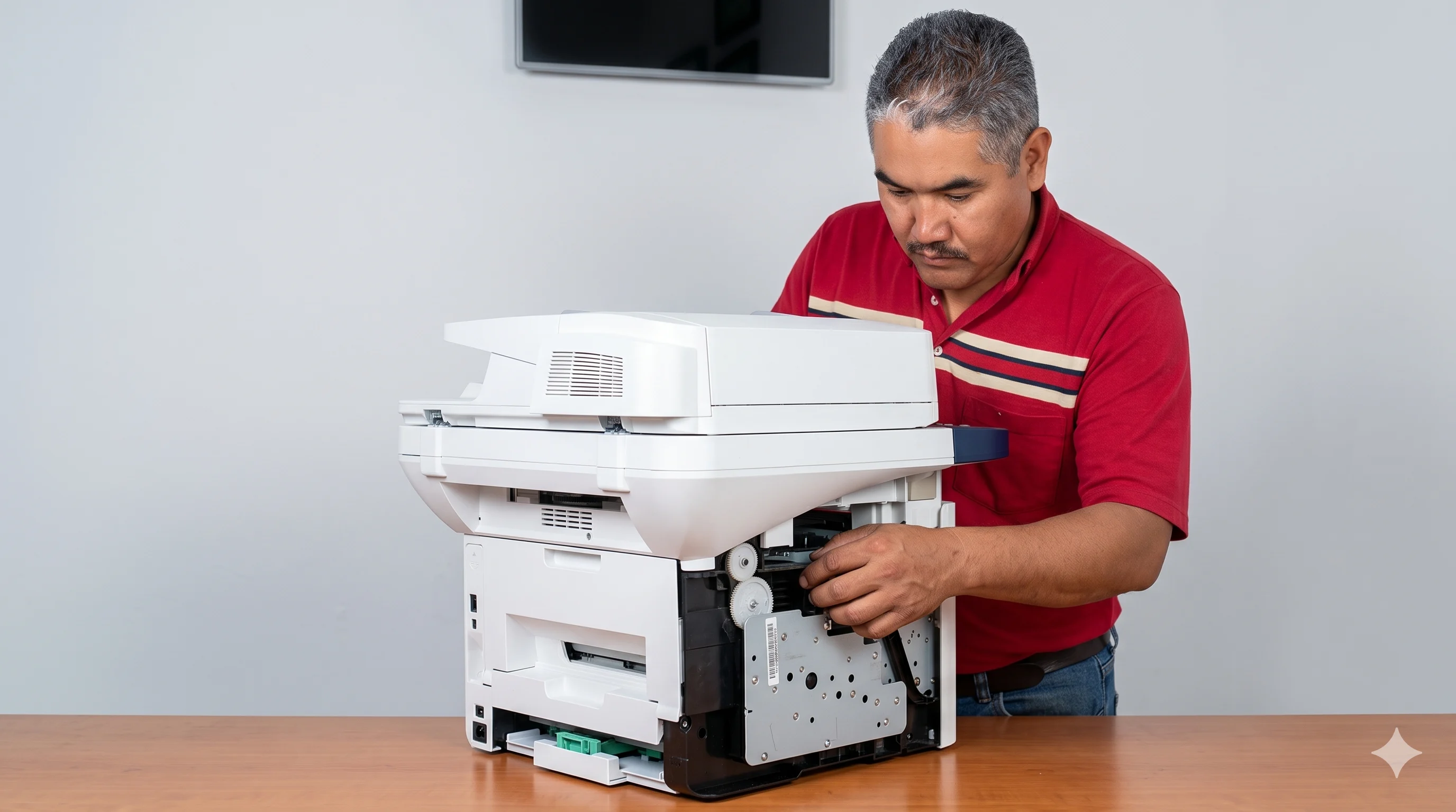 Técnico especialista reparando impresora multifuncional en Cise Laptop Oaxaca
